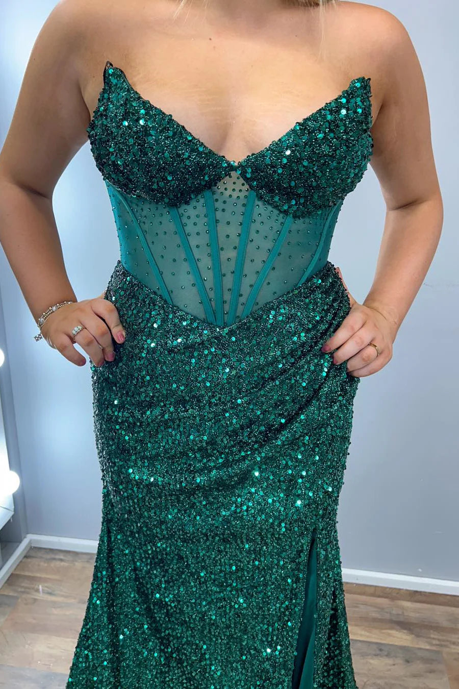Weitese Dress Emerald Green Sequin Mermaid Long Party Dress Prom Dress With Side Slit